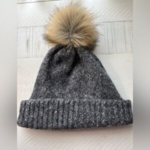 Gray Knit Beanie with Faux Fur Pom